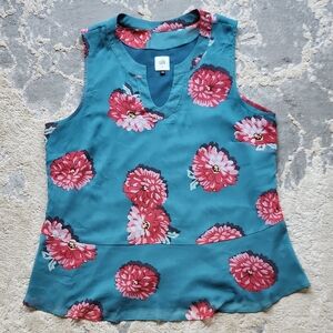 CAbi Blue Sleeveless Blouse with Artistic Pink Floral Pattern